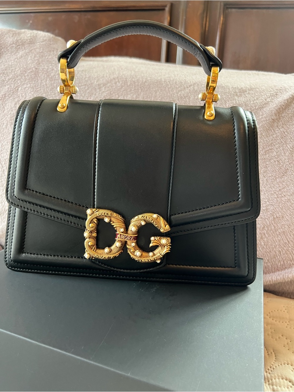 Dolce & Gabbana Black Leather DG Amore Top Handle Satchel with Gold Hardware